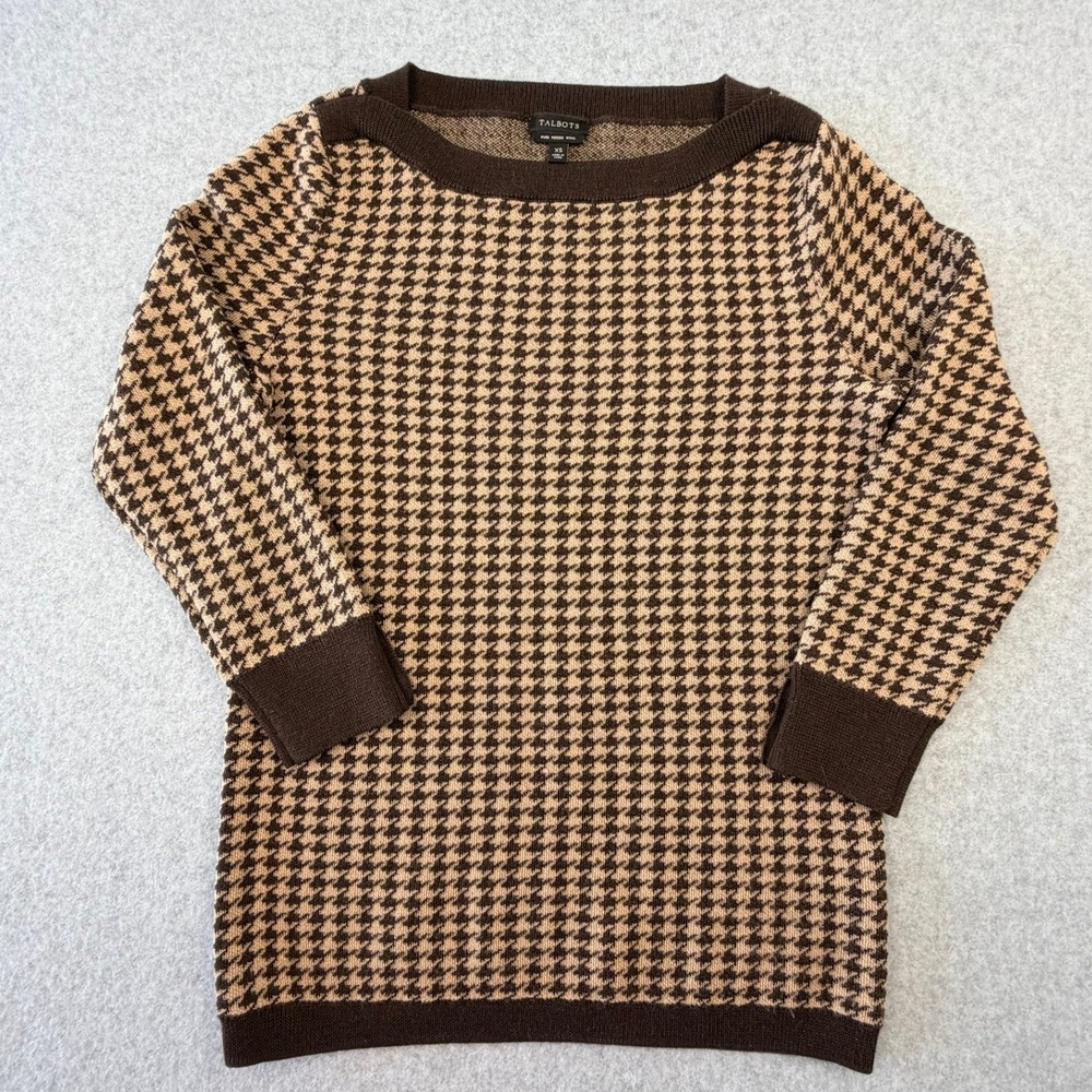 Talbots Pure Merino Wool Houndstooth Sweater Brown Tan XS Button Cuff Pullover